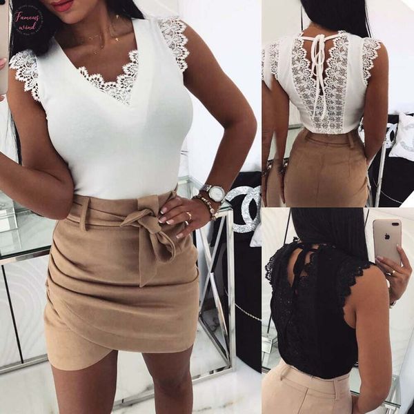

women arrival bind vest lace 2019 ladies casual camisole tank sleeveless v neck solid lace slim t shirt hot, White