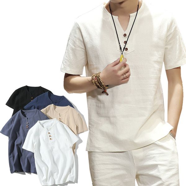 

new fashion men harajuku t shirt 2019 summer mens cotton linen solid casual male short sleeve chinese style tshirts plus size, White;black