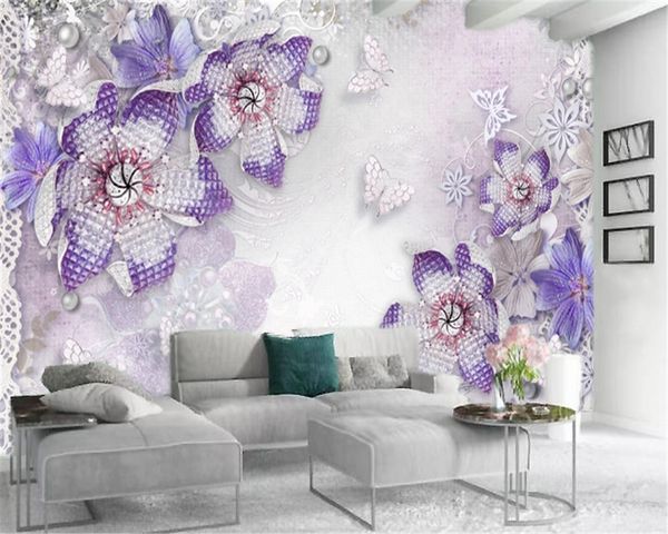 Benutzerdefinierte Wandbild 3D Tapete Diamant Perle Schmetterling Lila Blumen Home Decor Wohnzimmer Schlafzimmer Wandverkleidung HD Tapete