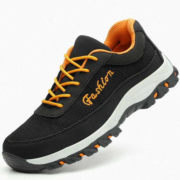 

new fashion men's large size breathable safety shoes summer platform steel toe cap work shoe tooling security boots worker dress, Black