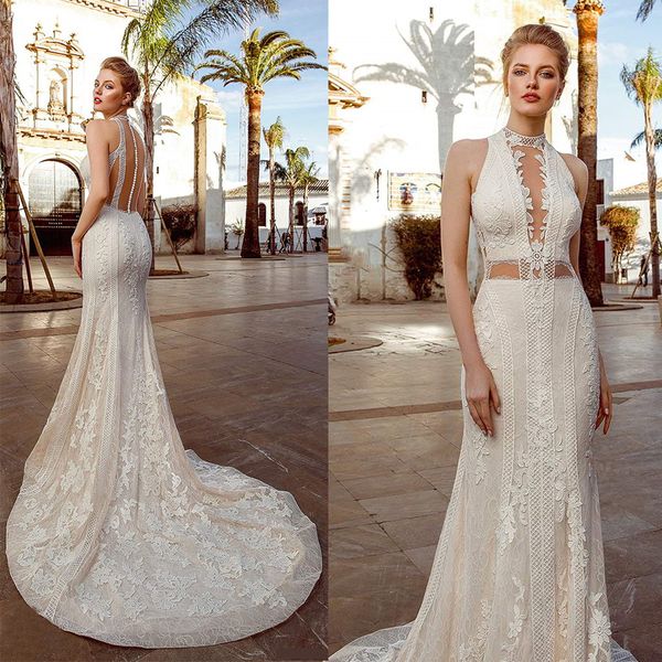 

2020 fashion wedding dresses jewel neck lace appliques mermaid bridal gowns custom made button back sweep train wedding dress, White