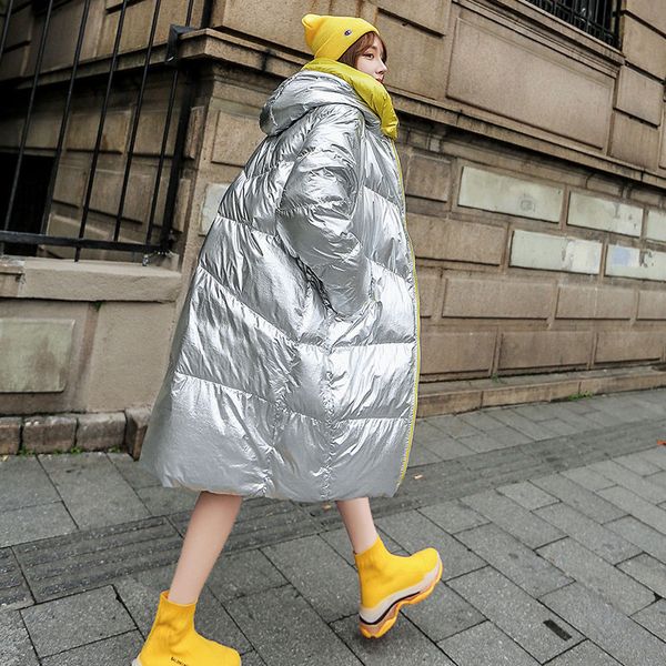 

winter women down jacket thick warm women parkas sliver loose jackets bread design mid-long down jackets hooded, Black