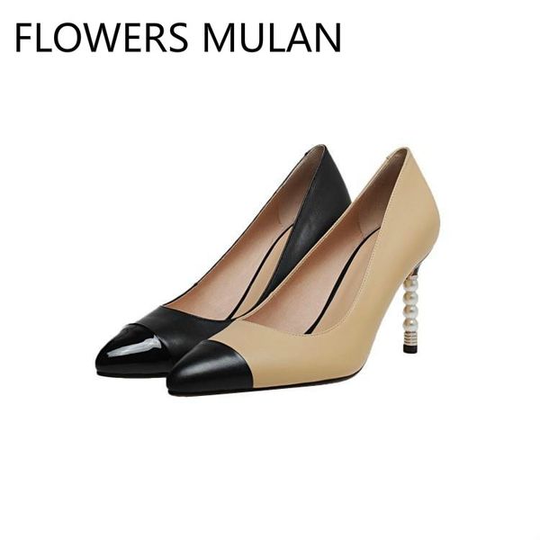 

designers zapatos de mujer mixed color black apricot leather ladies pumps chic pearl beading heels female banquet shoes slip on