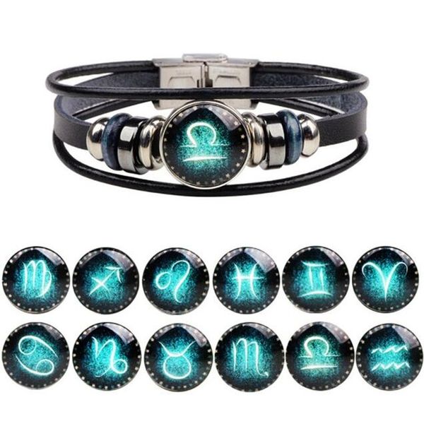 

12 constellations bracelets aries cancer capricorn gemine leo libra pisces sagittarius scorpio taurus virgo leather bracelet jewelry gift, Black