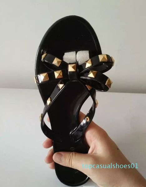 

new 2018 woman summer sandals rivets big bowknot flip flops beach sandalias femininas flat jelly designer sandals 01t, Black
