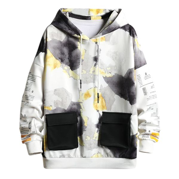 

safari style men's jacket casual autumn&winter printed long sleeve pullover jacket hoodies patchwork pockets loose coats, Black;brown