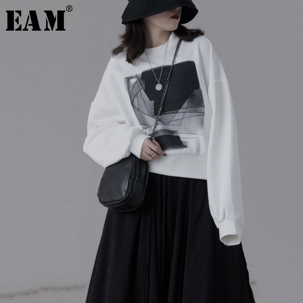 

eam] loose fit pattern printed split sweatshirt new round neck long sleeve women big size fashion tide autumn winter 2020 1k520, Black