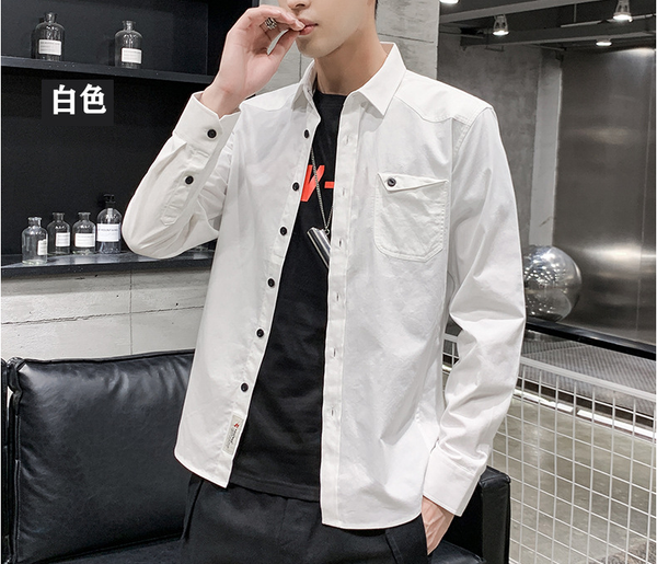 

spring and autumn men fashion slim single breasted basic design solid color cotton casual shirt, White;black