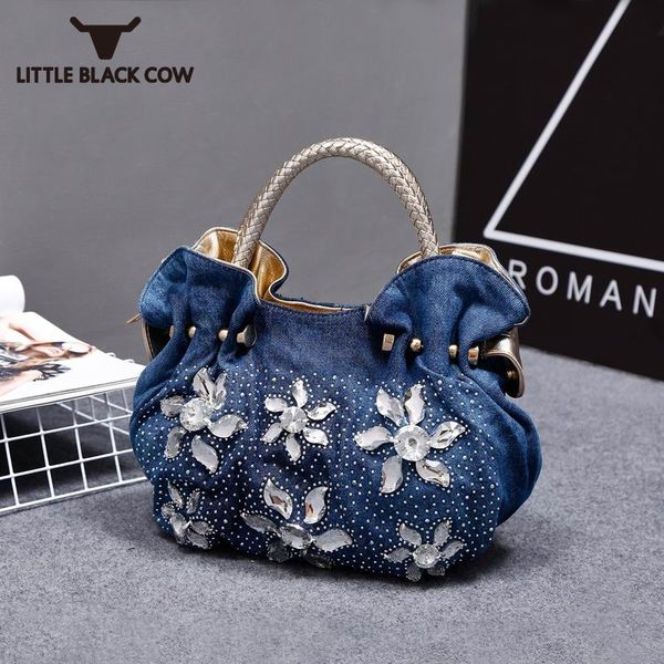 

2020 woman denim handbags bags vintage rhinestone shoulder bags diamonds totes ladies casual ruffles jean bolsas femininas