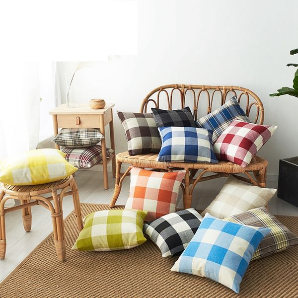 Plaid Pillow Case Linen Plain Striped Pillow Cover Check Pattern