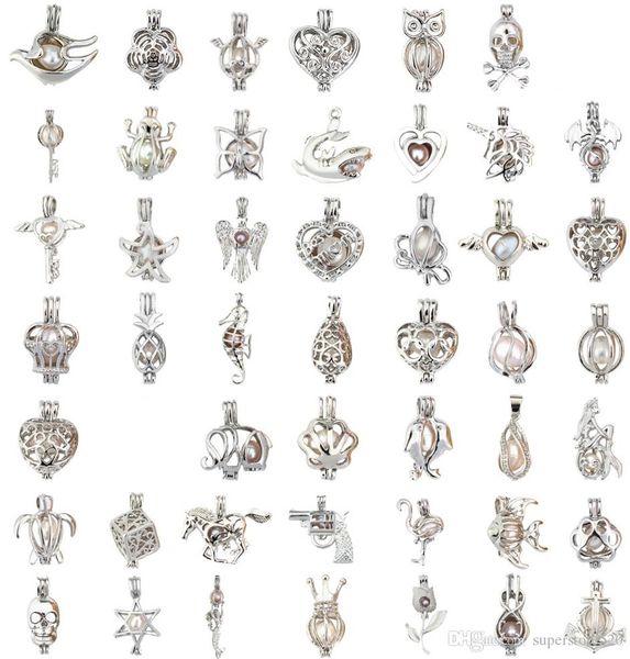 

60 mix styles love wish pearl cages locket hollow out oyster pearl pendant freshwater pearl wolf dog bear elephant diy jewelry, Silver