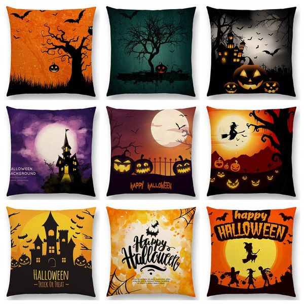 

happy halloween scary night moon skull witch pumpkin zombie vampire ghost castle bat tree cushion cover colorful pillow case