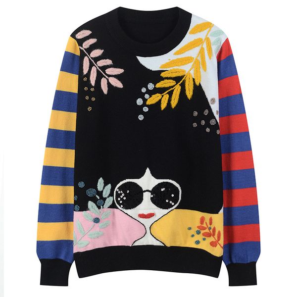 

women's sweaters women sweater slim fit sequin beading cartoon girl knitted pullovers contrast color striped long sleeve jumper autumn, White;black