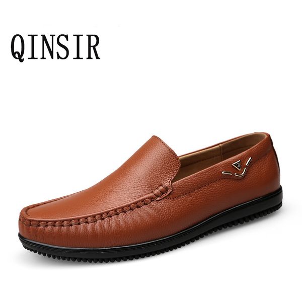 

qinsir plus size 38-46 slip on casual mens loafers spring and autumn mens moccasins shoes genuine leather men's flats shoes, Black