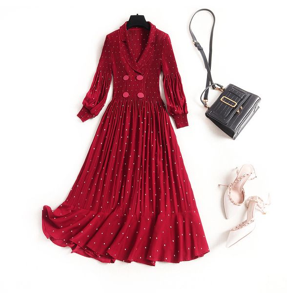 

vintage polka dot chiffon dress female lapel neck lantern sleeve pleated skirt women fashion vintage clothes new, Black;gray