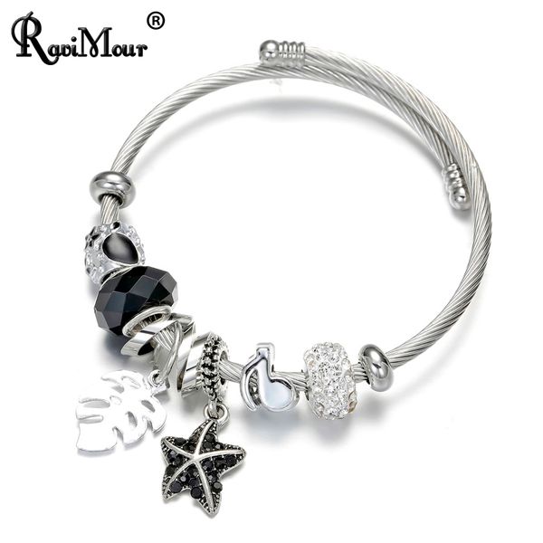 

ravimour women cuff bracelets bangles stainless steel chain crystal leaf starfish charm brazalete mujer handmade fashion jewelry, Black