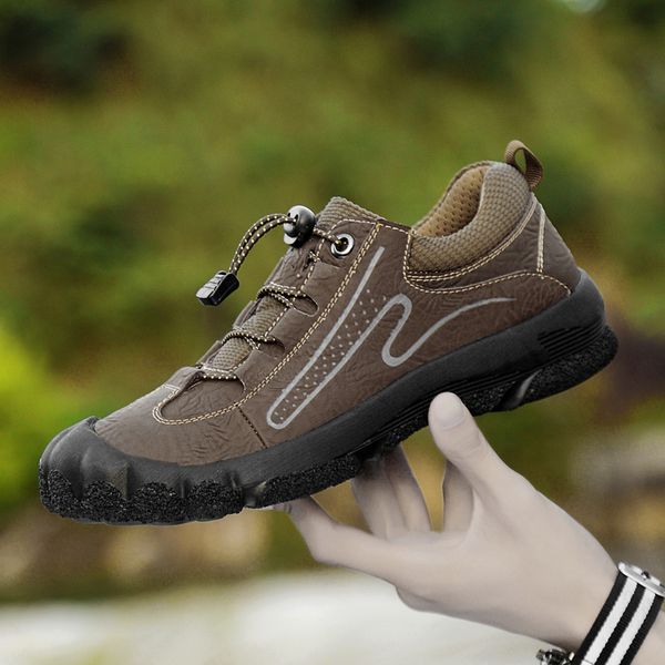 

genuine leather hiking shoes men slip on sneakers flat causal men shoes male footwear outdoor sports, Black
