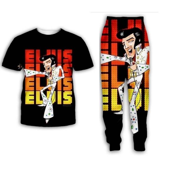 

new fashion women/mens elvis presley funny 3d print t-shirt + jogger pants casusal tracksuit sets, White;black