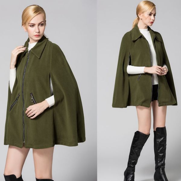 

european fashion women poncho overcoat army green cloak silver zipper coat pocket batwing casaco abrigos brand design casual, Black