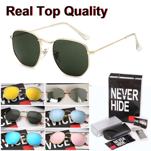 

3548 fashion sunglasses women men brand designer hexagon meta frame sun glasses uv400 shades glass lens oculos de sol with cases and label, White;black