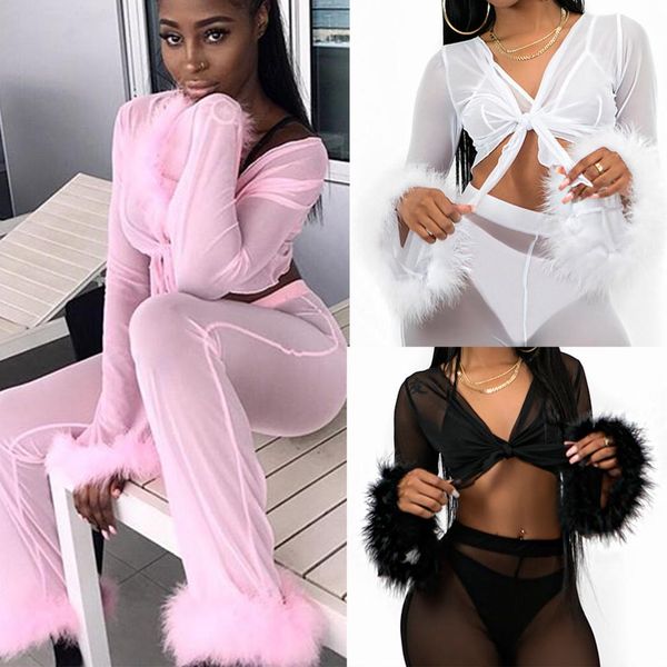 

see through mesh pants faux fur high waist pants new arrival party club outfit crop sets summer women sets, Gray