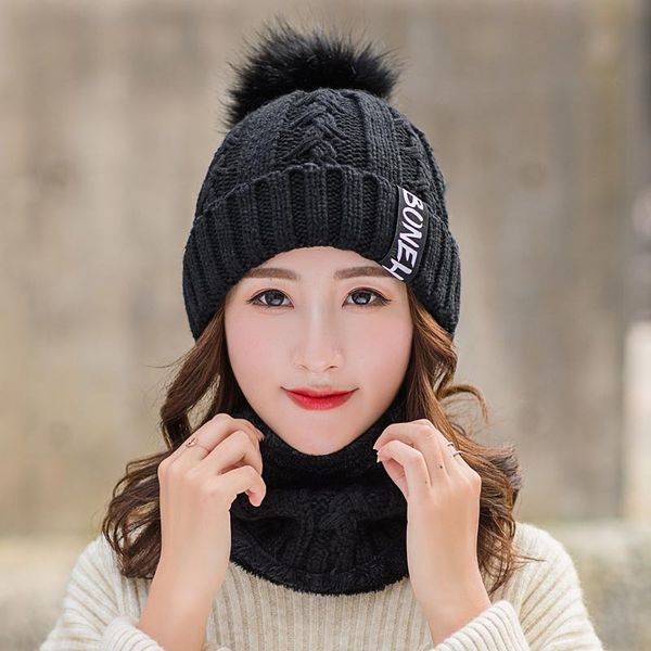 

winter hats for women scarf and hat set kitted wool warm hats ring scarves pompom hat scarf female set bonnet, Blue;gray