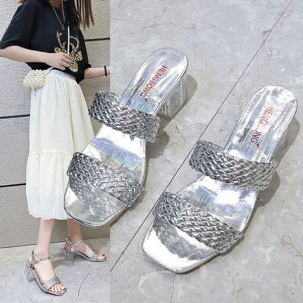 

slippers women 2020 summer new mid-heeled fashion wear european and american large size breathable, Black