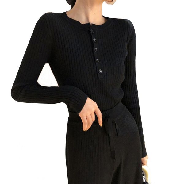 

autumn fashion new creative slim fit solid color button round neck long-sleeved women knit sweater, White;black