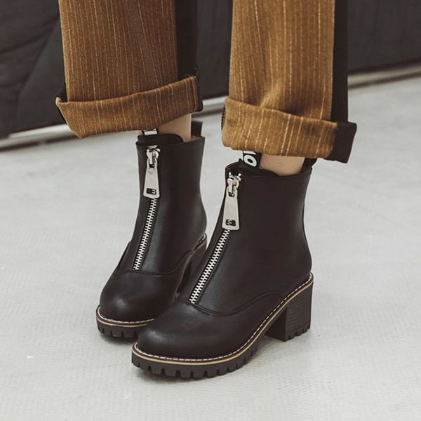 

pxelena front zipper punk gothic boots women shoes chunky block square high heel knight motorcycle goth boots female shoe, Black