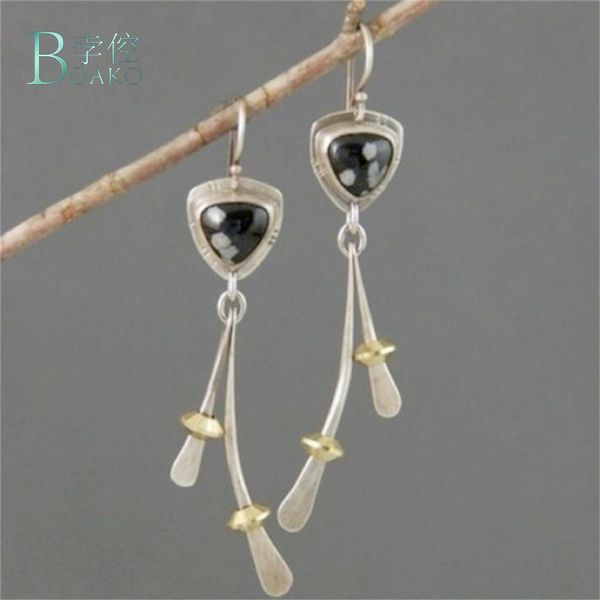 

boako vintage fringe alloy earrings for women long dangle natural stone drop earrings jashion jewelry 2019 wedding gifts, Silver