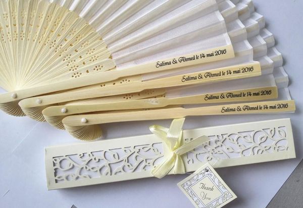 Персонализированные / индивидуальные печатные текст 21 см Bamboo Spun Silk ручной вентилятор с подарочной коробкой свадьба подарок 70 шт.