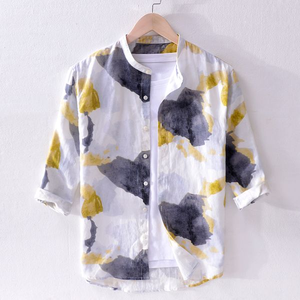 

2019 summer new spray pure linen shirt men brand three-quarter sleeve shirt mens stand collar casual shirts men yellow chemise, White;black