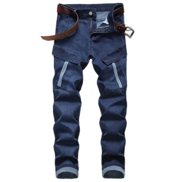 

mens designer jeans autumn winter jeans male european and american foreign trade straight stretch jeans with multiple pockets, Blue