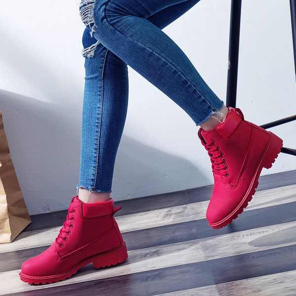 

new red women boots lace up solid casual ankle boots round toe women shoes winter warm botas mujer ankle for, Black