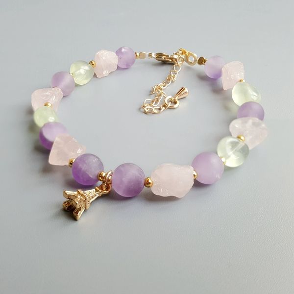 

lii ji real light amethyst prehnite rose quartz natural stone bracelet iron tower charm delicate jewelry for child or women, Black