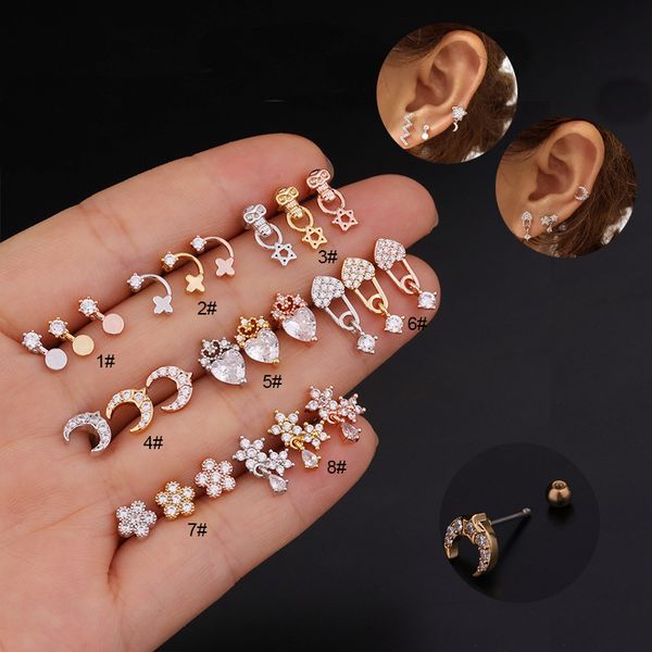 

1 pcs simple cute mini moon star flower cz ear bone stud cuff earrings zircon double sided stainless steel ball bar ear jewelry, Golden;silver