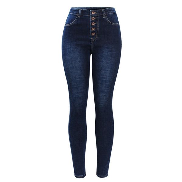 

New Arrived High Waist Jeans For Women Stretchy Dark Blue Button Fly Denim Skinny Pants Trousers