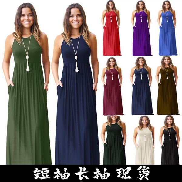 

2019 summer solid color sleeveless vest pocket dress long skirt, Black;gray
