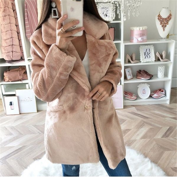 

winter coat women 2019 fashion thick warm faux fur wool coat basic jacket outerwear slim long ladies fashion solid chaqueta, Black