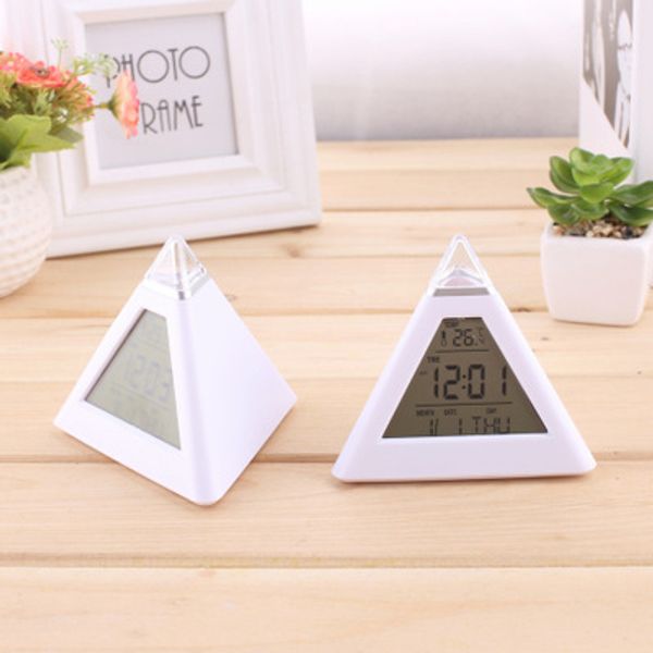 

100 pcs led color changing pyramid digital lcd snooze alarm clock triangle