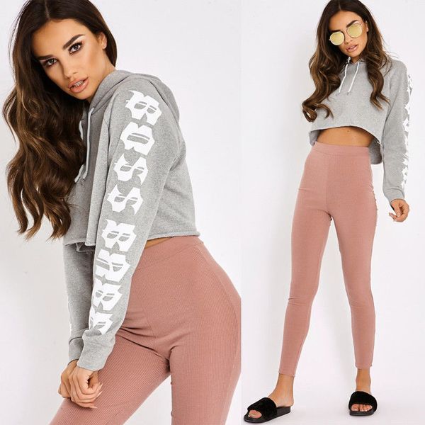 

fashion casual spring fall women long sleeve hooded short length letter print solid hoodies 4 style slim show thin, Black