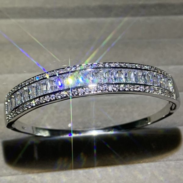 Ruleali Sparkling Venda Quente Luxo Jóias 925 Prata Esterlina Princesa Completa Topázio CZ Diamante Gemstones Mulheres Pulseira Bridal Bridal Bangle