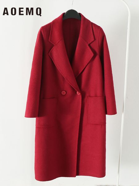 

aoemq classic wool coat single button wine red cardigan outwear blends with pockets thick wool coats hand made women clothing, Black