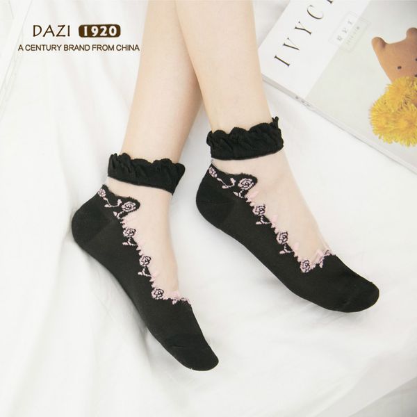 

5pcs/lot women lace ruffle ankle sock soft comfy sheer silk cotton elastic mesh knit frill trim transparent women's socks, Black;white