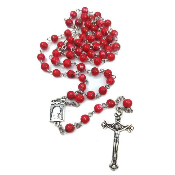

religious jewelry red rose glass beads cross rosary necklace, Silver