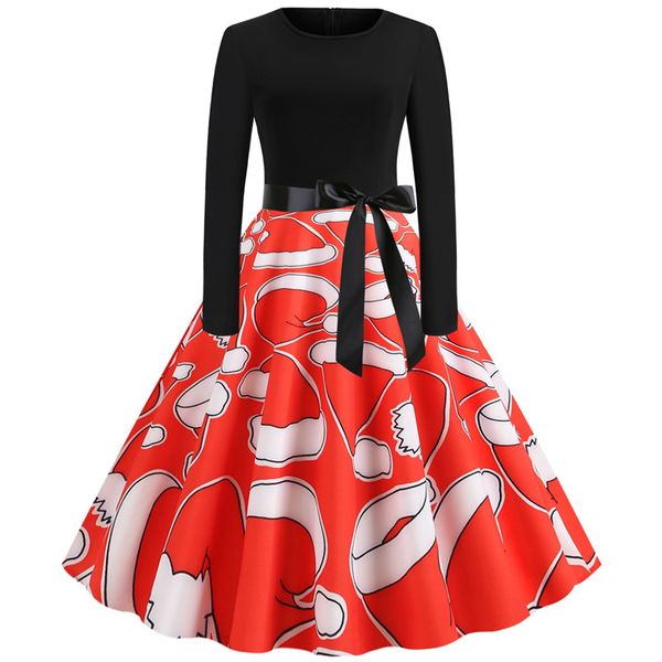 

women long sleeve 3d printed cute christmas hat retro dress round collar splicing dress christmas party costume, Silver