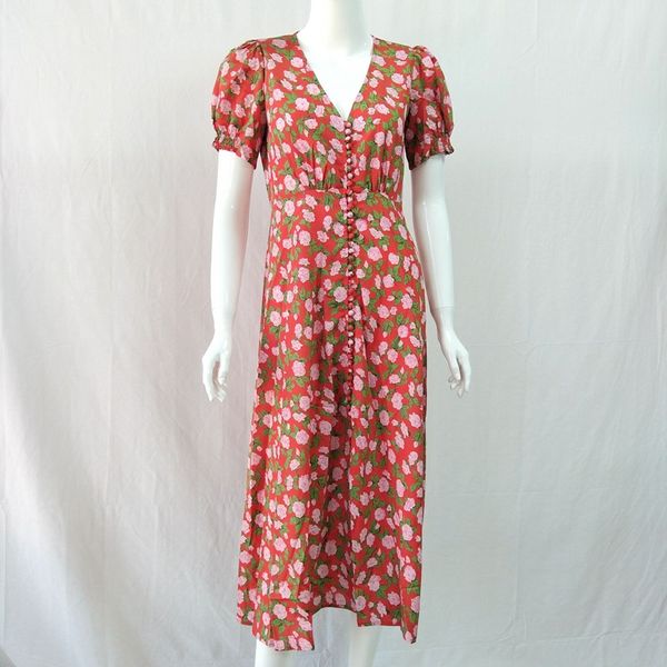 

women dress 2020 spring and summer chiffon printed v-neck midi dress, Black;gray