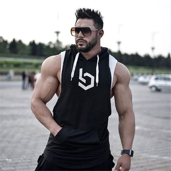 

2019 men fitness hoodies tank sleeveless bodybuilding tee shirt fashion stringer male workout hooded vest sportswear, White;black