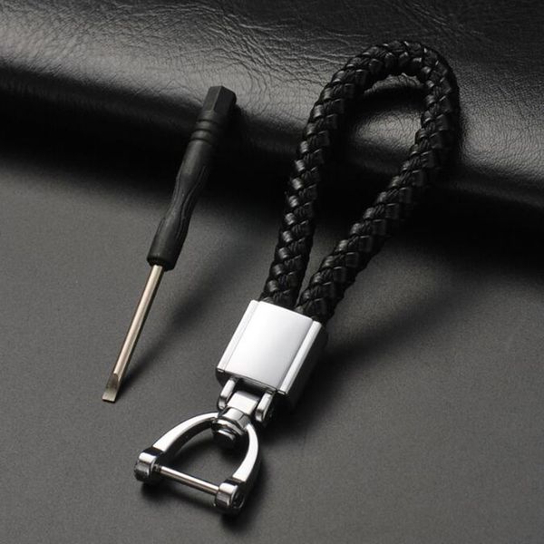 

high-grade handmade woven pu leather car keychain 360 degree rotating horseshoe buckle jewelry key rings holder genuine bag pendant black, Silver
