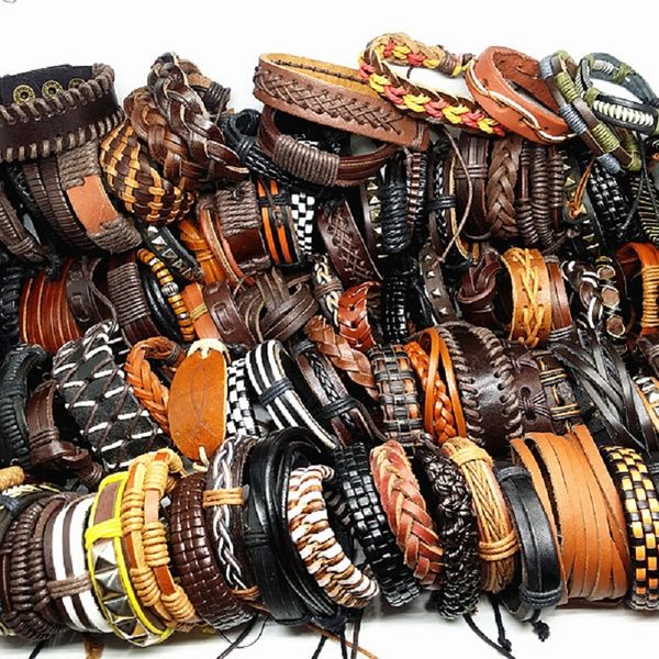 

mixmax 50pcs/pack assorted retro handmade men's genuine leather tribal surfer cuff bracelets mix styles, Golden;silver